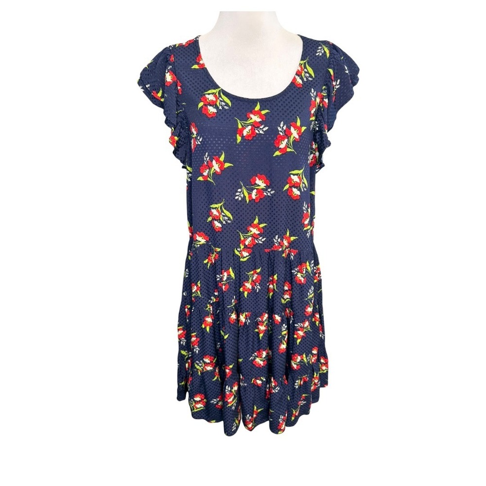 Jill‎ Jill Stuart Navy Floral Ruffle Sleeve Tiered Dress Size Medium